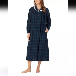 Lanz Of Salzburg Cotton Lace Trim Flannel Navy Green Nightgown Size M
